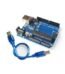 Arduino UNO R3 ATmega328P development board top view Microcontroller board for robotics and DIY coding projects Arduino UNO Rev3 featuring clearly printed header pins Close up of the ATmega328P chip on the development board Arduino UNO R3 development board setup with included USB cable