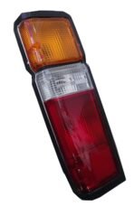 Tri-color amber clear and red tail lamp for Toyota Hiace LH51 Rear view of white Toyota Hiace LH51 with installed corner tail lights Black trim rear tail light assembly for Toyota Hiace Shell Model Front and side view of silver Toyota Hiace LH51 van Left and right replacement tail light set for Toyota Hiace LH51